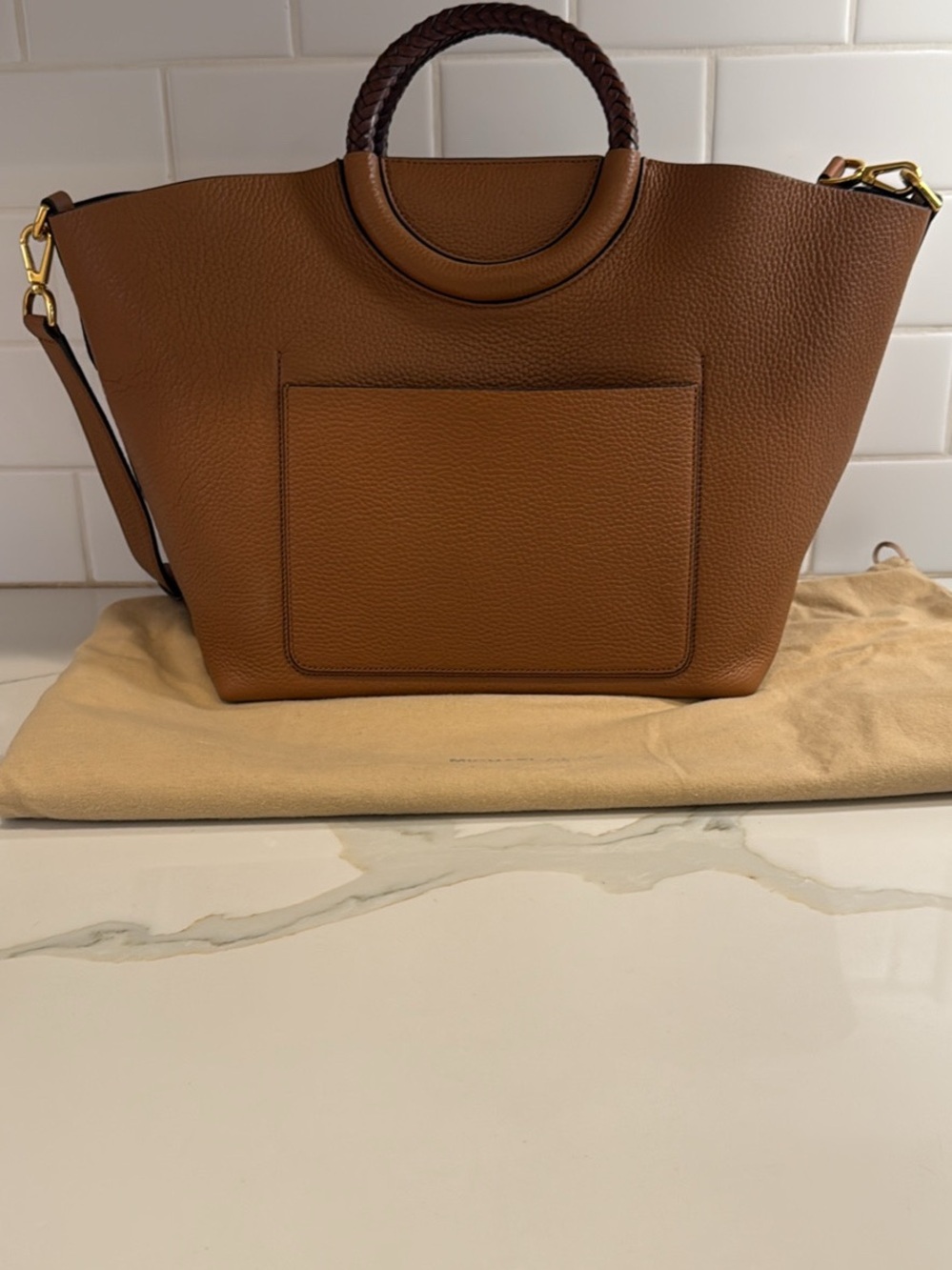 Michael Kors Collection Brown Pebbled Leather Shoulder Tote with Braided Handles
